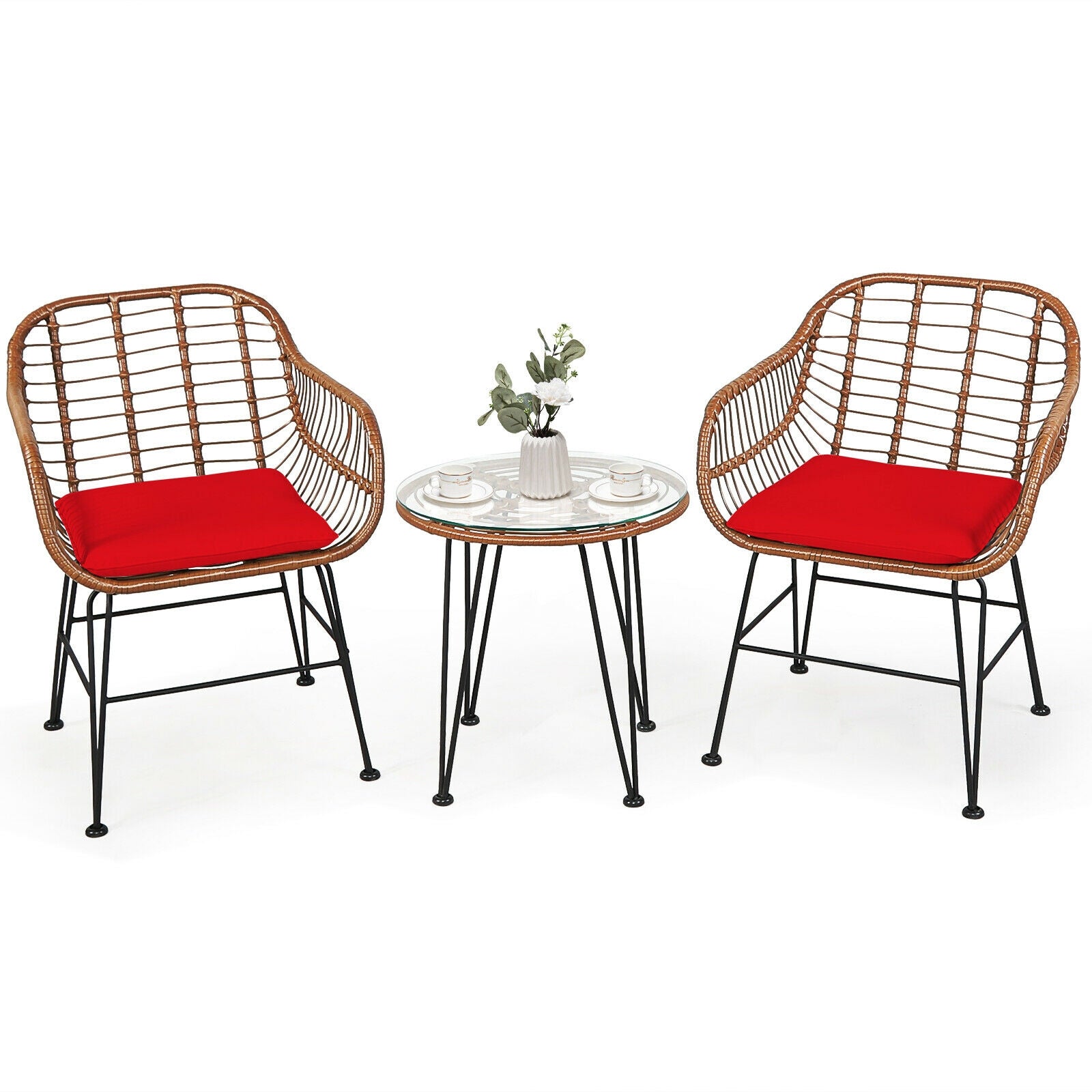 3-Piece Rattan Bistro Set with Cushions and Glass Table, red cushions DirectDeals on Tampa Home & Garden Store