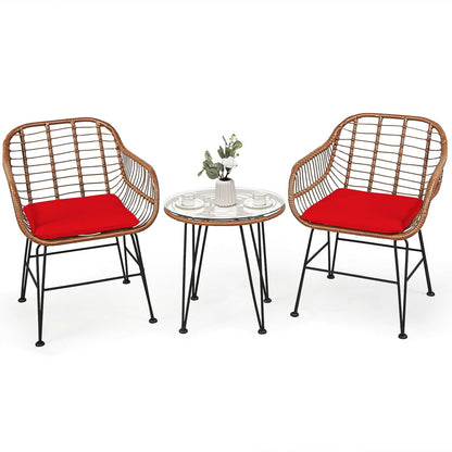 3-Piece Rattan Bistro Set with Cushions and Glass Table, red cushions DirectDeals on Tampa Home & Garden Store
