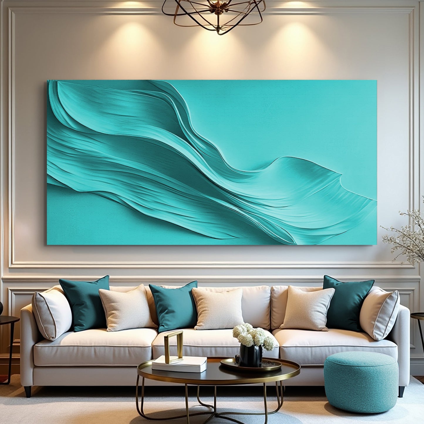 Turquoise minimalist canvas wall art with flowing teal wave patterns on a neutral wall on Tampa Home & Garden Store