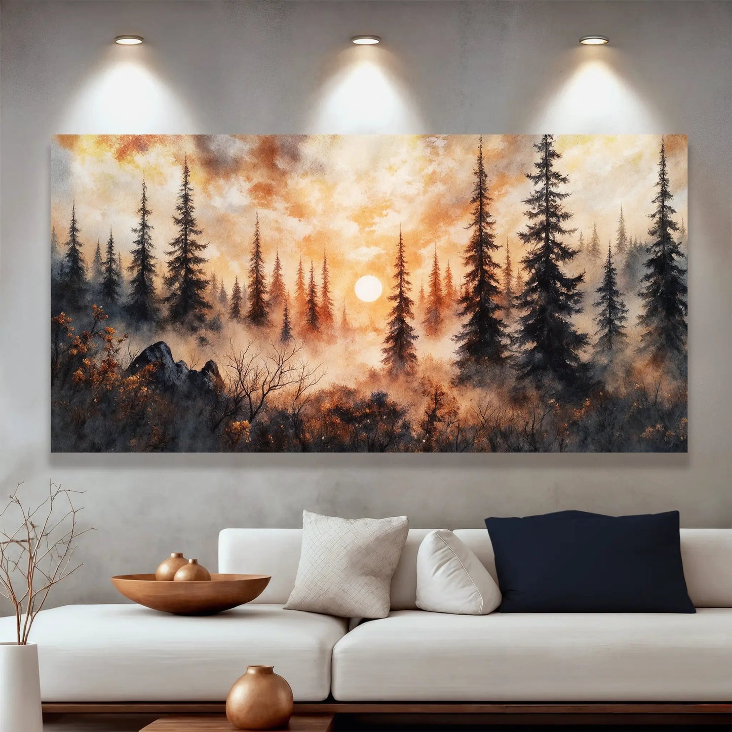 Rustic Forest Sunset Canvas by Tailored Canvases; orange sky and silhouetted pine trees on Tampa Home & Garden Store