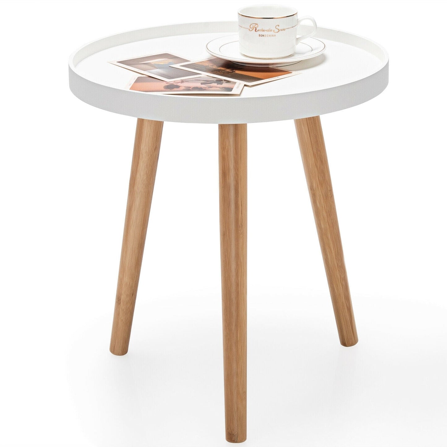 Mesa de centro redonda con bandeja de madera