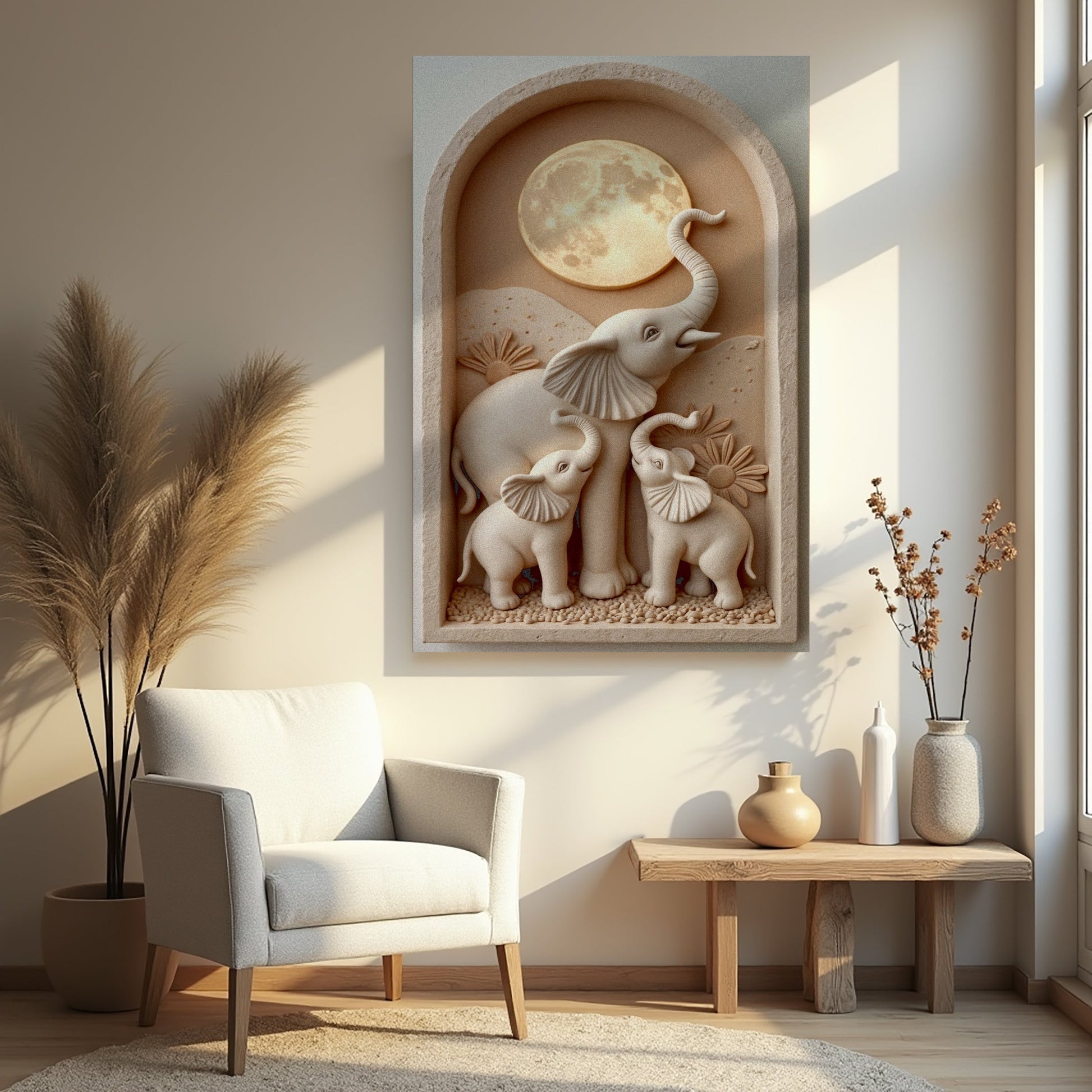 Elephant Harmony Wall Art canvas with beige elephants beside a moon arch Tailored Canvases on Tampa Home & Garden Store