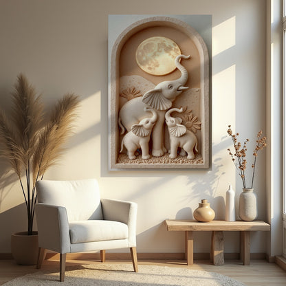Elephant Harmony Wall Art canvas with beige elephants beside a moon arch Tailored Canvases on Tampa Home & Garden Store