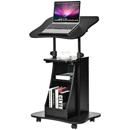 Carro de escritorio para computadora portátil de altura ajustable con almacenamiento, de asiento a pie - Negro