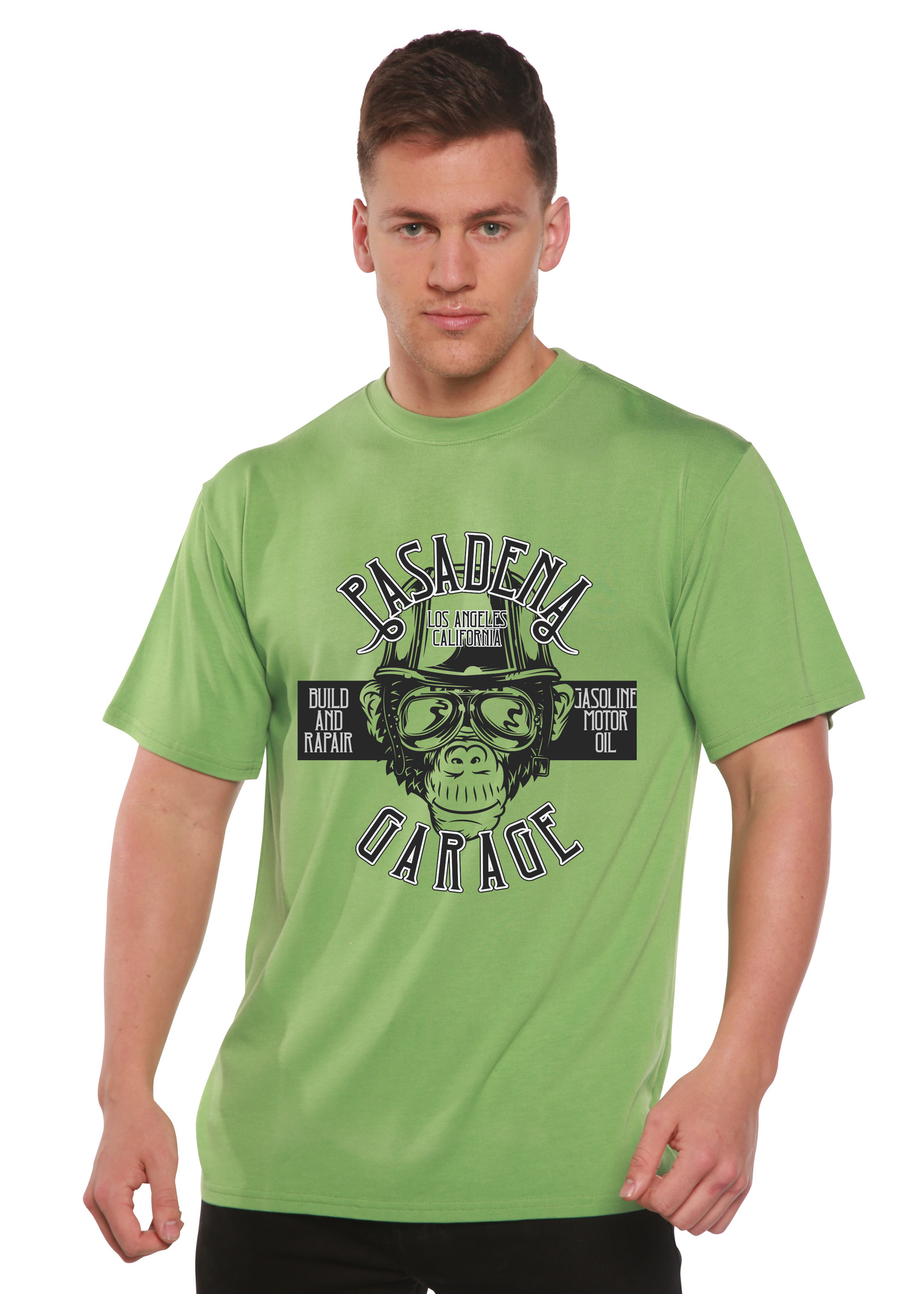 Pasadena Garage men's Spun Bamboo graphic T-shirt in lime green with monkey goggles print on Tampa Home & Garden Store
