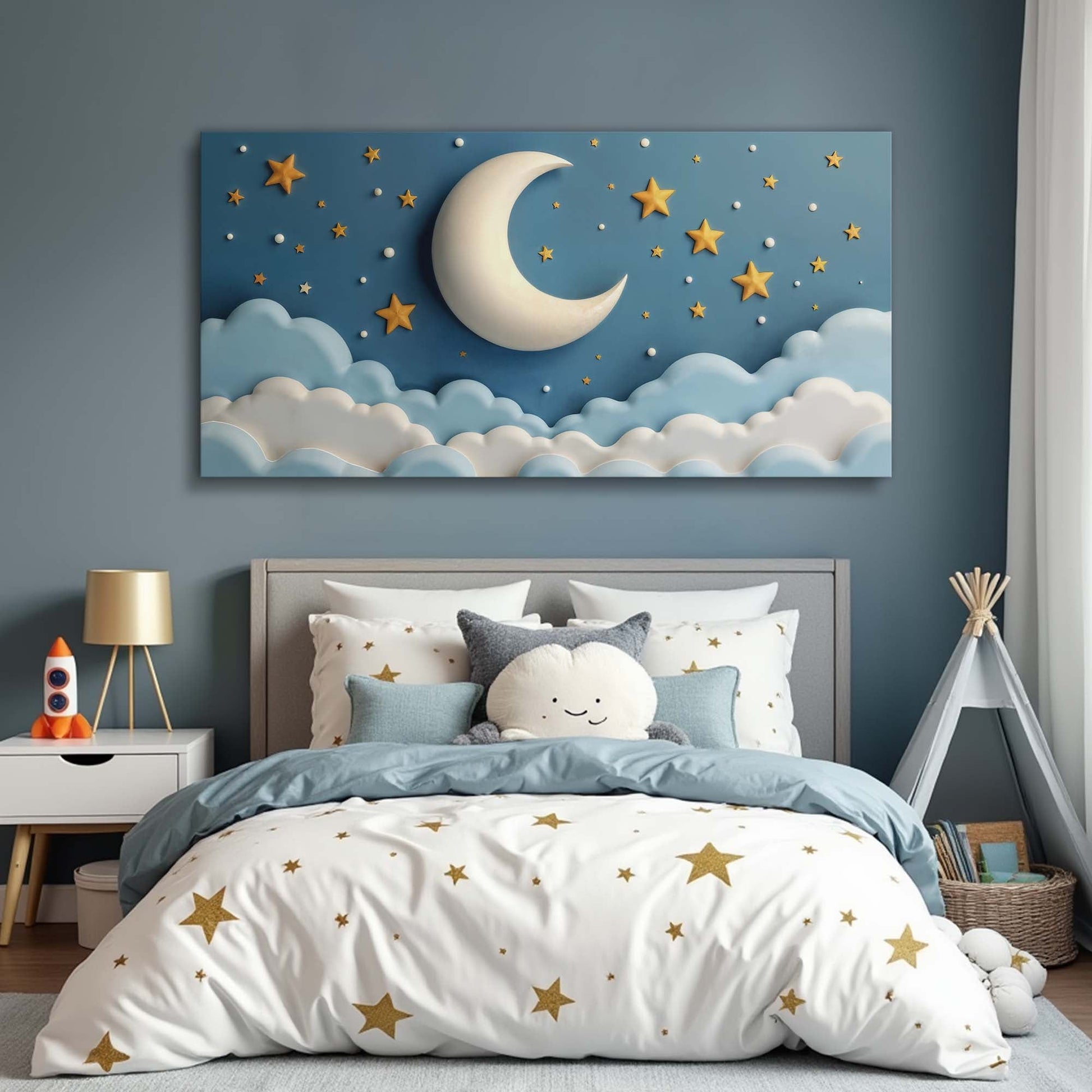 Celestial Serenade Canvas wall art: blue night sky with white crescent moon and gold stars on Tampa Home & Garden Store