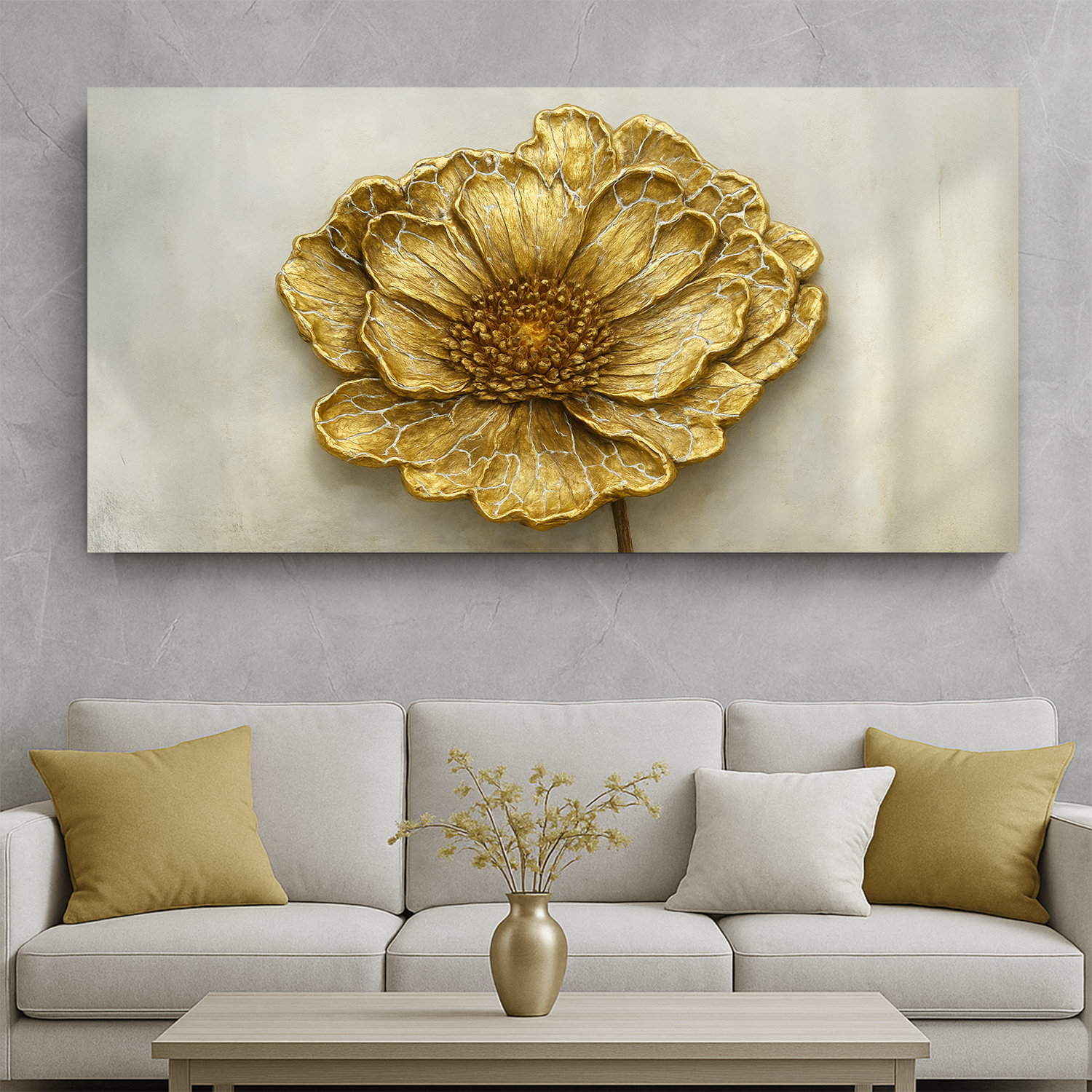 Golden Dandelion minimalist abstract canvas wall art in gold tones by Tailored Canvases on Tampa Home & Garden Store