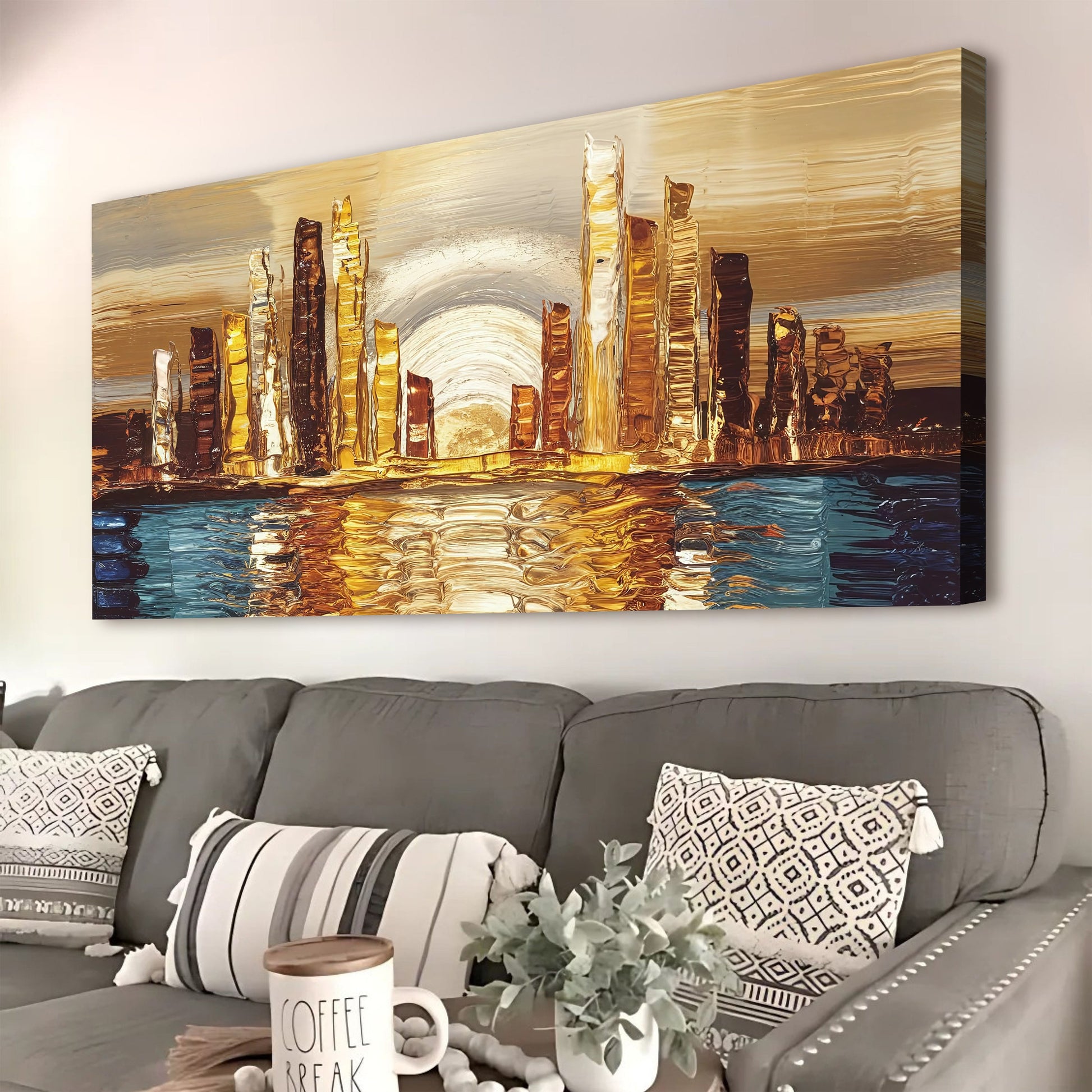 Golden Metropolis Abstract Impasto Canvas wall art by Tailored Canvases with bold gold skyline on Tampa Home & Garden Store