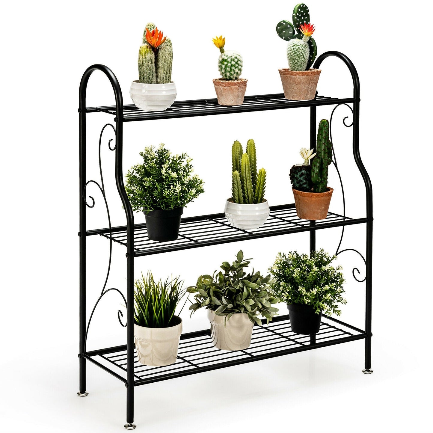 Estante de metal para plantas con diseño de pergaminos de 3 niveles - Negro