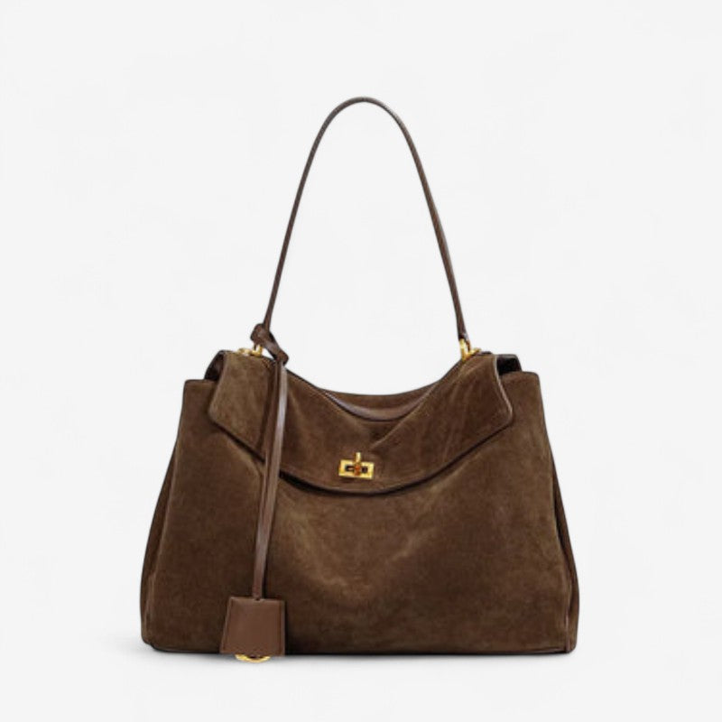 Large Rectangular Shoulder Handbag in brown suede with gold-tone hardware and a top flap on Tampa Home & Garden Store