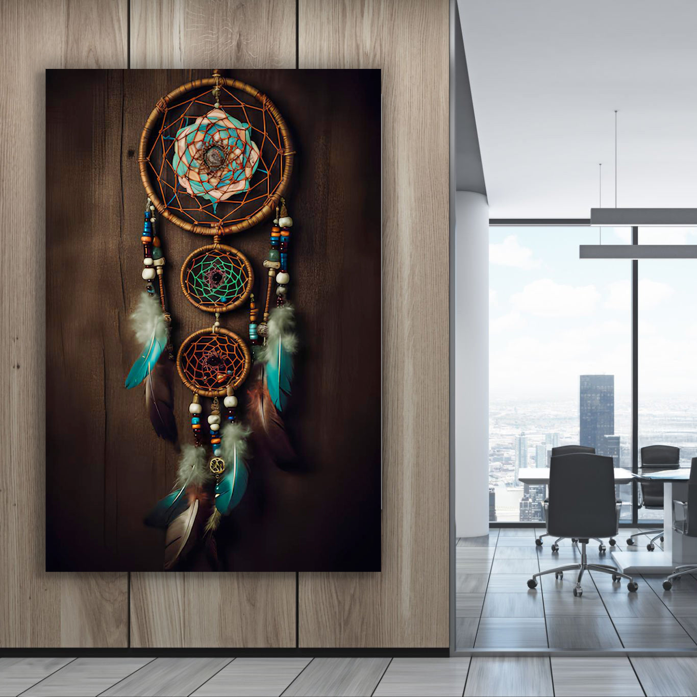 3D Whispering Feathers Wall Art VI canvas by Tailored Canvases, brown dreamcatcher with turquoise petals and hanging feathers on wood on Tampa Home & Garden Store