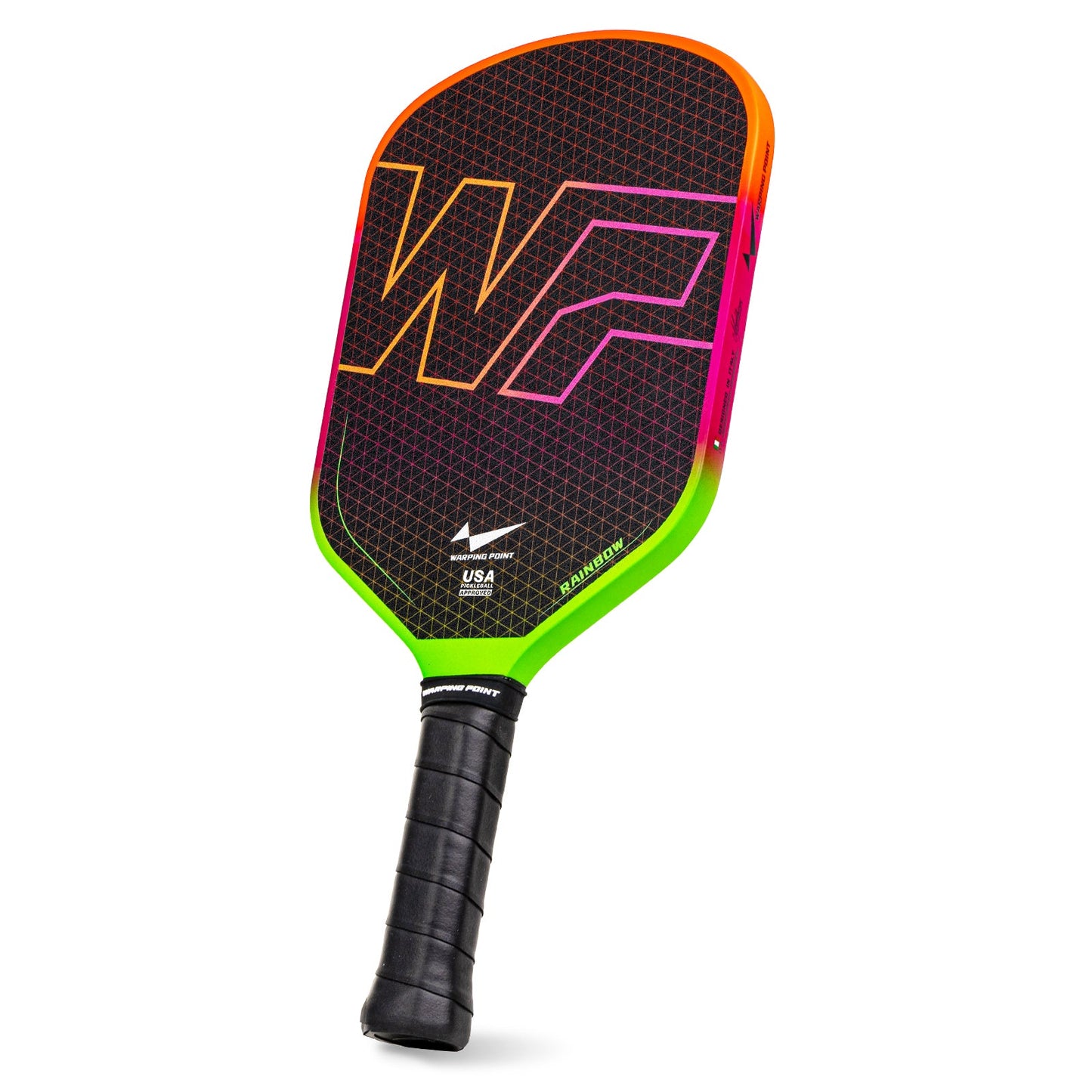 Warping Point Rainbow Pickleball Paddle Gen 3 with neon rainbow edge and black grip on Tampa Home & Garden Store