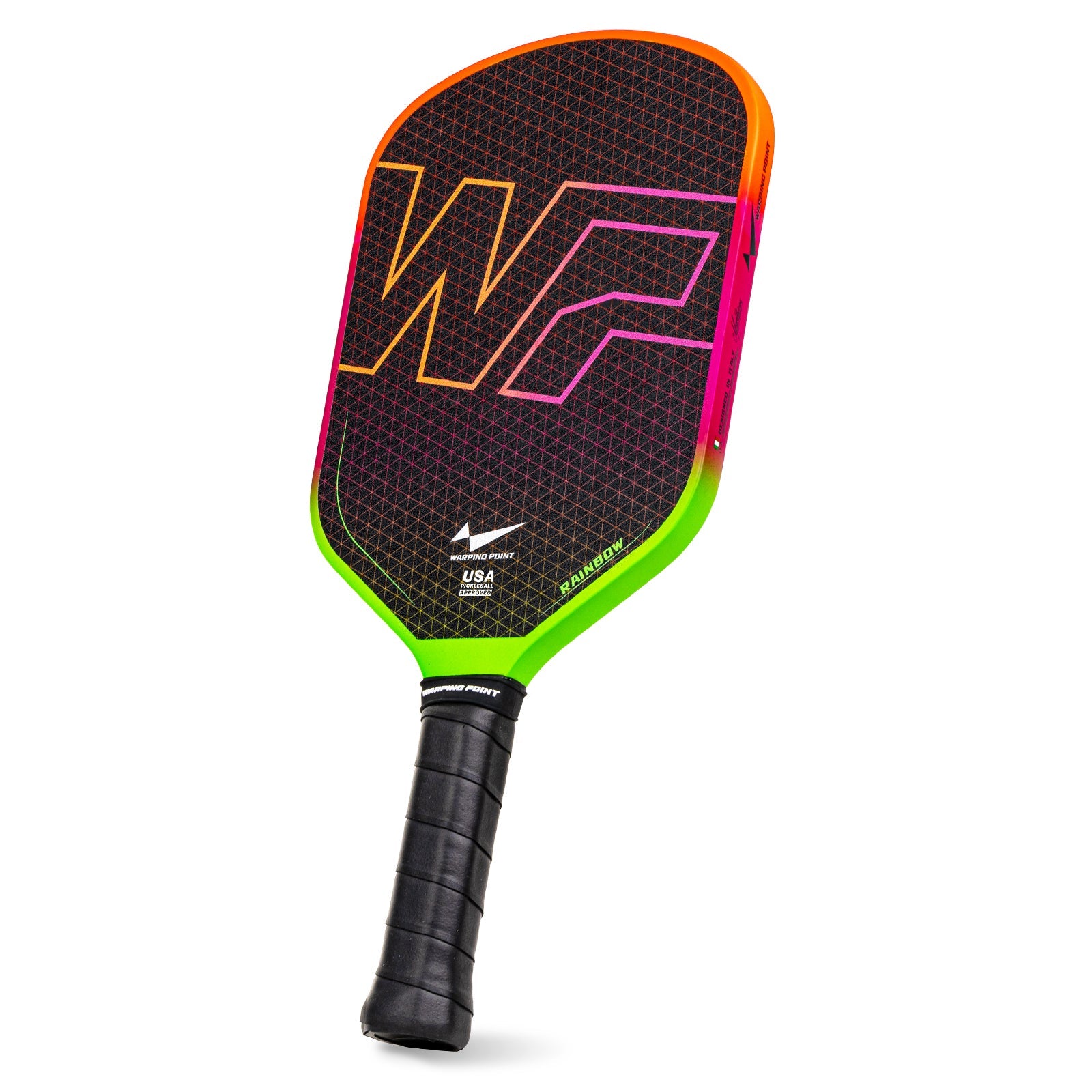 Warping Point Rainbow Pickleball Paddle Gen 3 with neon rainbow edge and black grip on Tampa Home & Garden Store