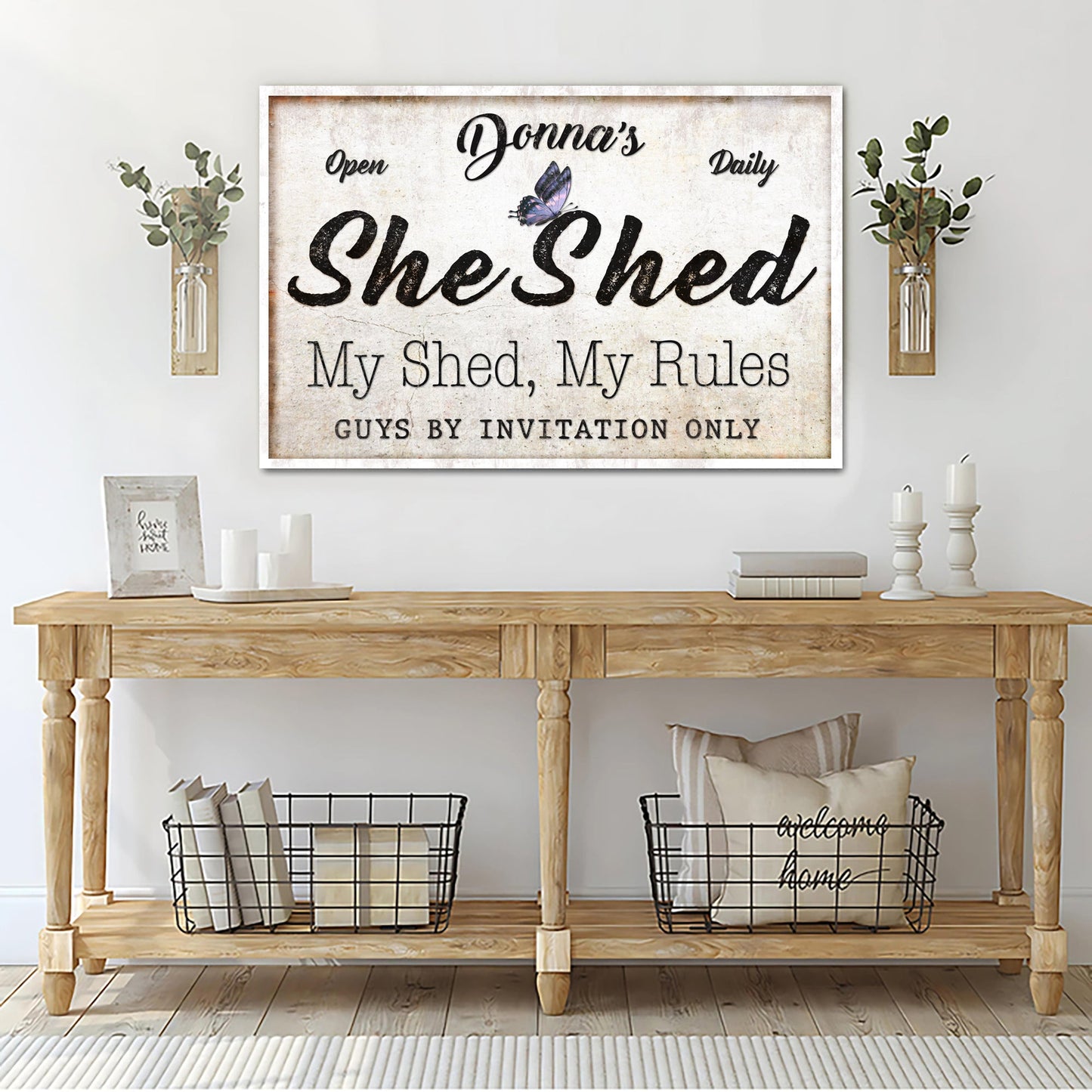 Personalized She Shed Sign XIX canvas with distressed finish, bold She Shed text and butterfly on Tampa Home & Garden Store