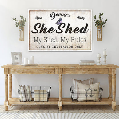 Personalized She Shed Sign XIX canvas with distressed finish, bold She Shed text and butterfly on Tampa Home & Garden Store