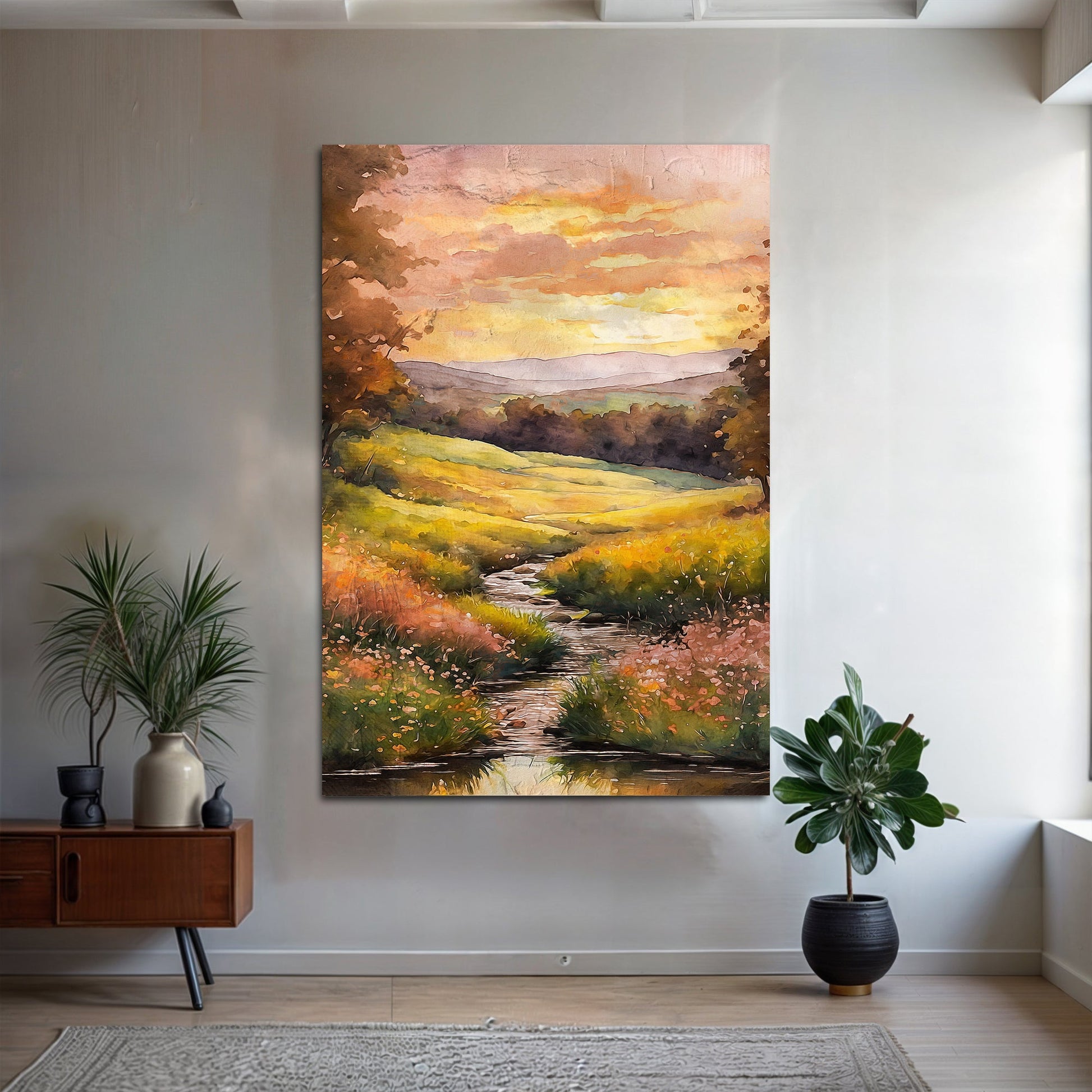 Misty River Canvas wall art by Tailored Canvases, warm autumn landscape on Tampa Home & Garden Store
