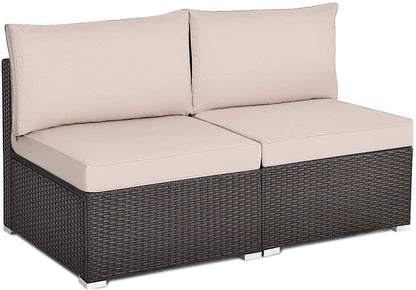 2 Pieces Patio Rattan Armless Sofa Set with 2 Cushions and 2 Pillows-Navy