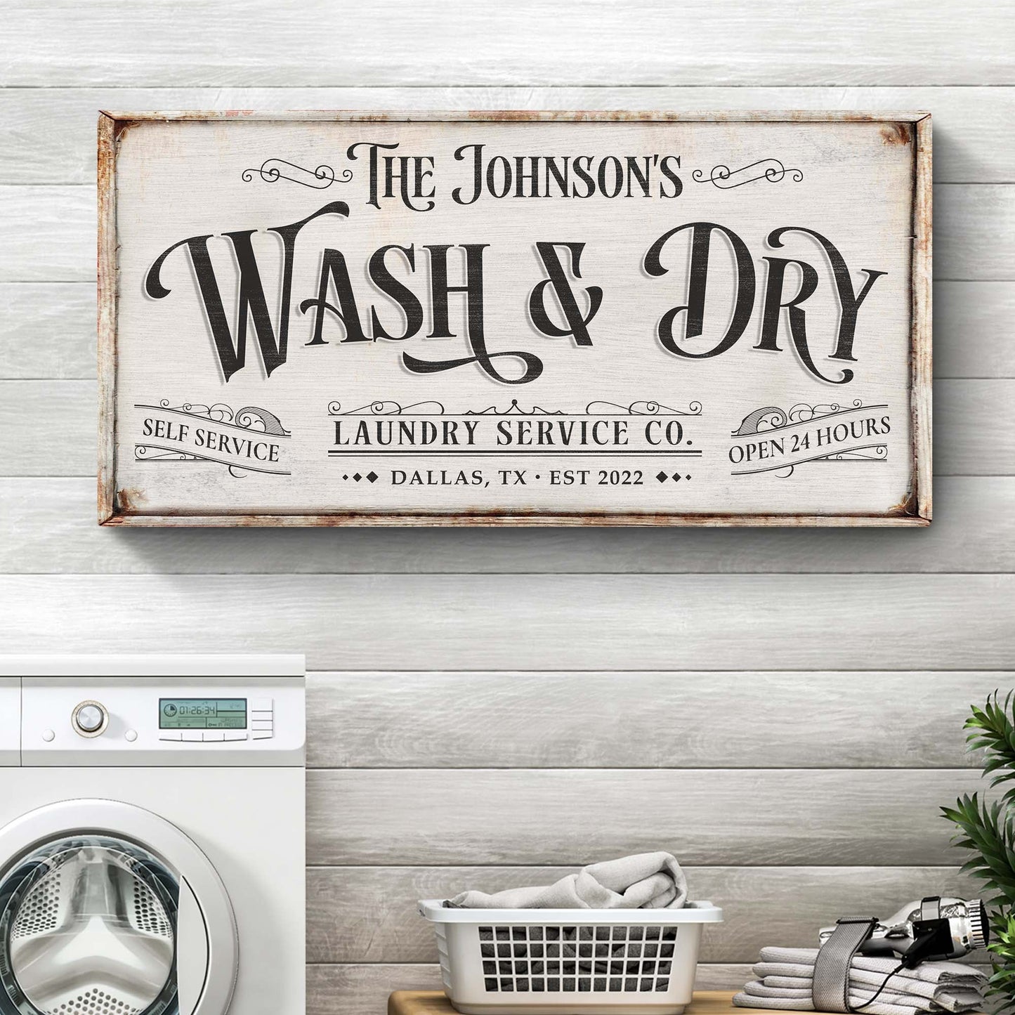 Personalized laundry service sign canvas with rustic frame and vintage lettering on Tampa Home & Garden Store