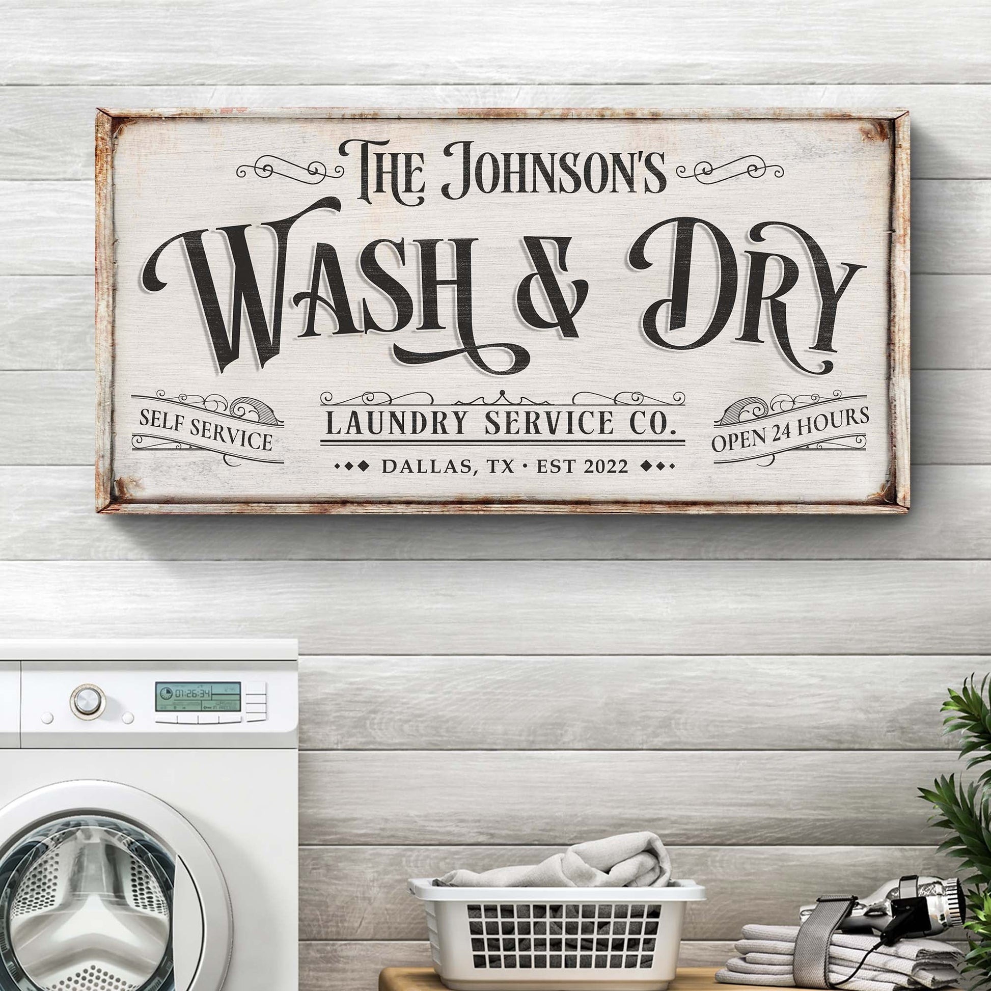 Personalized laundry service sign canvas with rustic frame and vintage lettering on Tampa Home & Garden Store