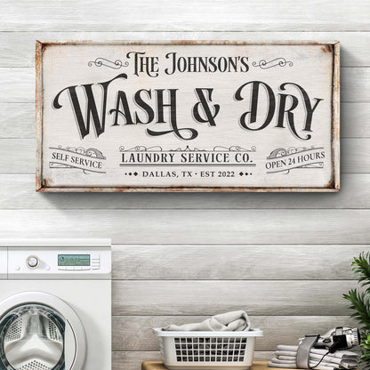 Personalized laundry service sign canvas with rustic frame and vintage lettering on Tampa Home & Garden Store