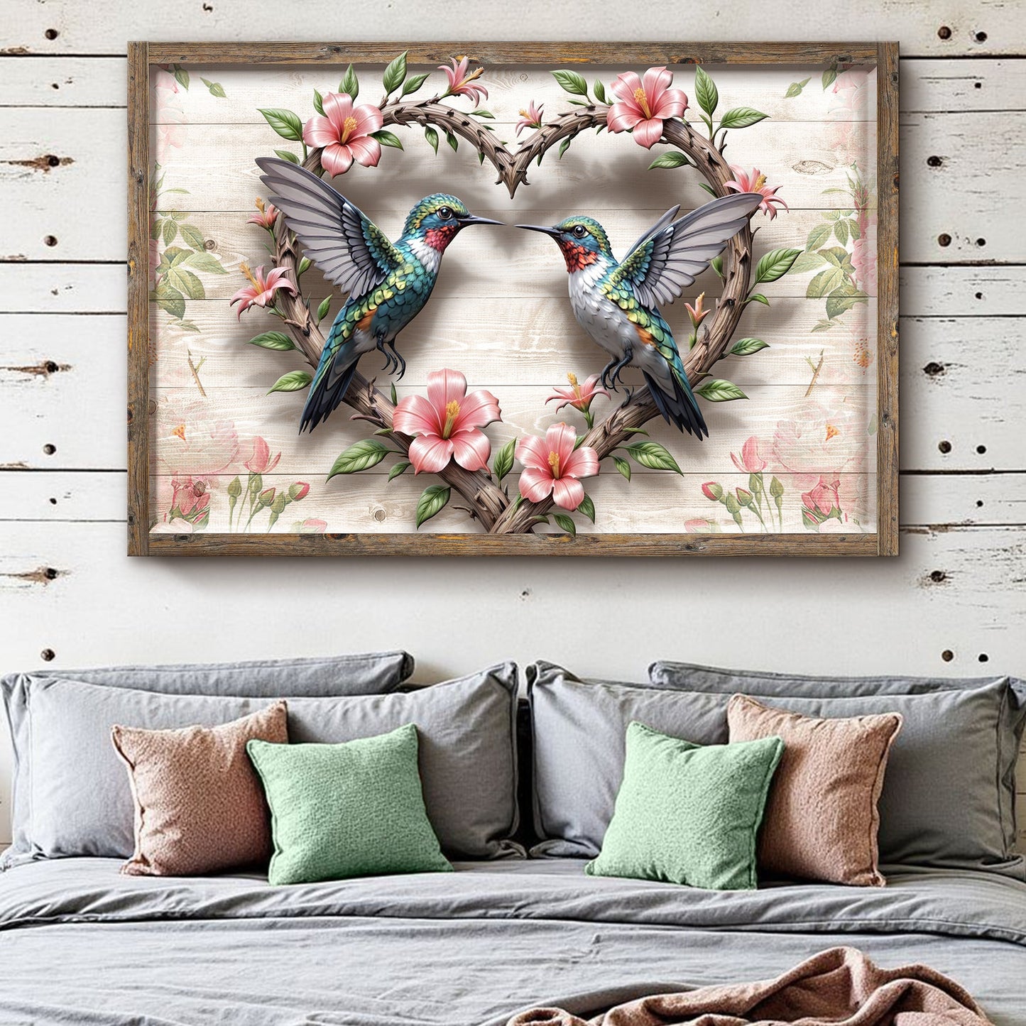 3D Hummingbirds Wall Art II canvas with teal birds and pink flowers Tailored Canvases on Tampa Home & Garden Store