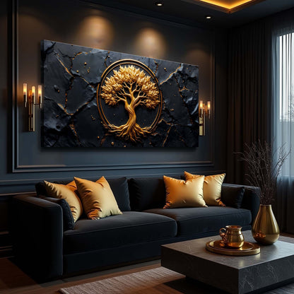 Golden Grove Wall Art canvas with gold tree in circular frame on dark backdrop on Tampa Home & Garden Store