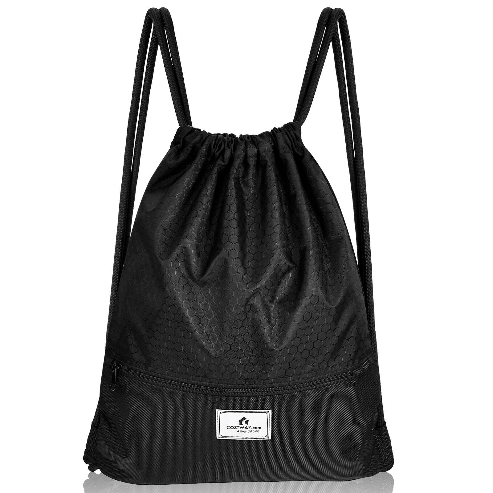 Black drawstring backpack with zipper pocket, hex-pattern fabric, Costway label on Tampa Home & Garden Store