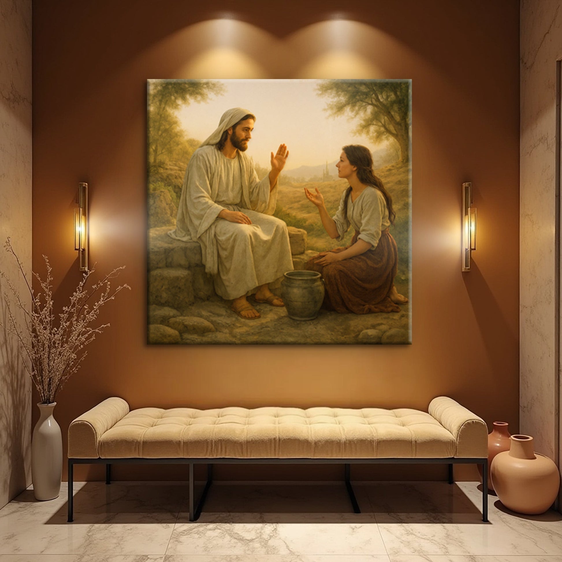 Samaritan at the Well Faith Wall Art II canvas by Tailored Canvases depicting Jesus and a woman on Tampa Home & Garden Store