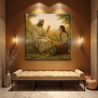 Samaritan at the Well Faith Wall Art II canvas by Tailored Canvases depicting Jesus and a woman on Tampa Home & Garden Store