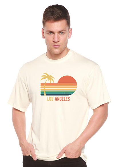 Los Angeles unisex graphic T-shirt in cream with palm and sunset stripes by Spun Bamboo on Tampa Home & Garden Store