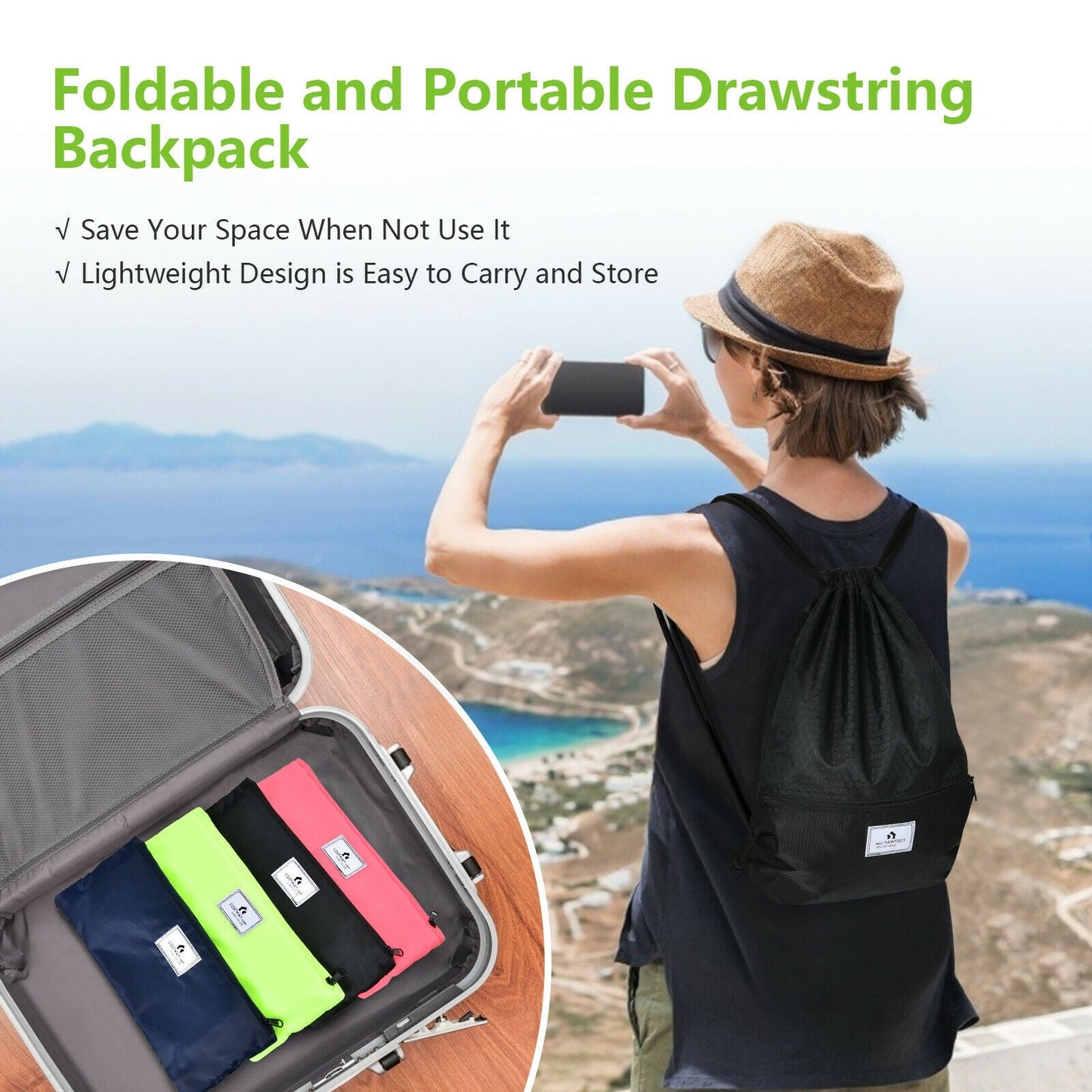 GemGear drawstring backpack foldable with zipper pocket black with colorful pockets on Tampa Home & Garden Store