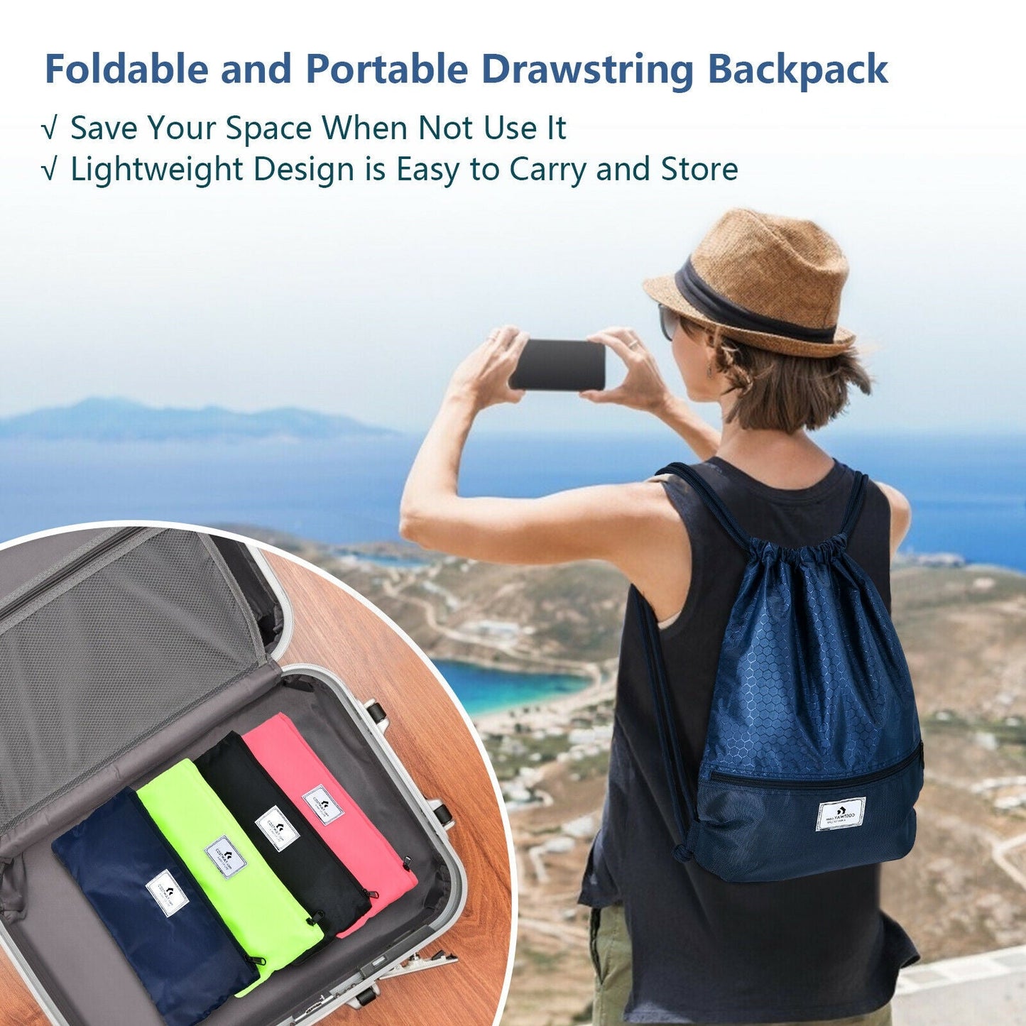GemGear foldable drawstring backpack with zipper pocket in navy blue, shown on a coastal hike on Tampa Home & Garden Store
