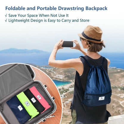 GemGear foldable drawstring backpack with zipper pocket in navy blue, shown on a coastal hike on Tampa Home & Garden Store