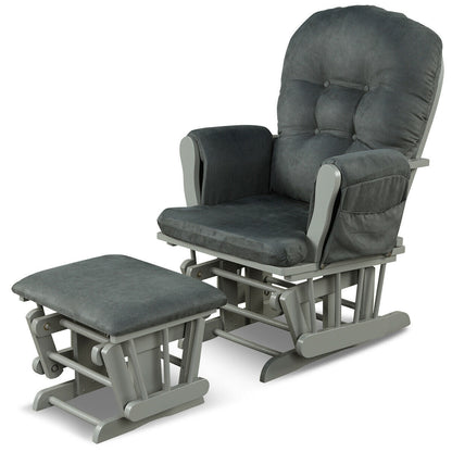 Wood Glider and Ottoman Set with Padded Armrests and Detachable Cushion-Beige
