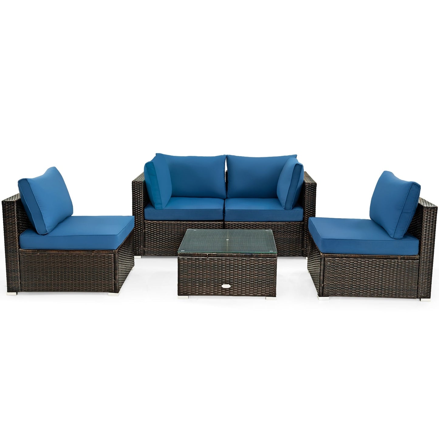 5 Pieces Cushioned Patio Rattan Furniture Set with Glass Table-Red