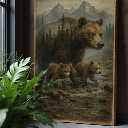 Mother Bear and Cubs Crossing canvas by Tailored Canvases with double exposure forest scene on Tampa Home & Garden Store