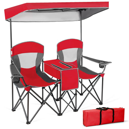 GemGear two-person portable folding camping canopy chairs with red gray fabric and cup holders on Tampa Home & Garden Store