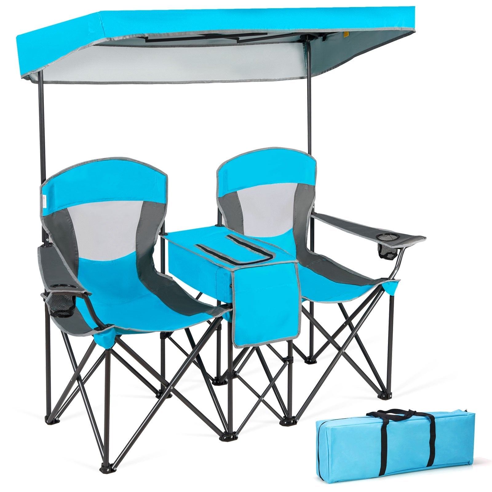 GemGear portable folding camping canopy chairs with cup holders blue gray 2-chair set center table carry bag on Tampa Home & Garden Store