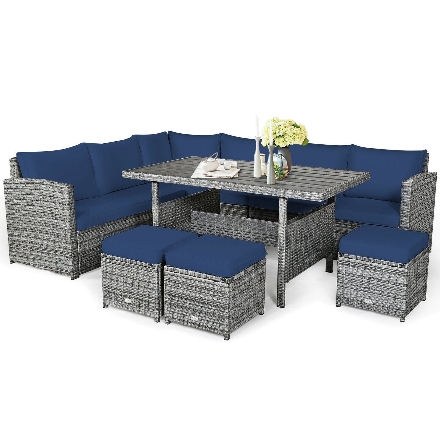Juego de muebles seccionales de ratán para patio de 7 piezas con otomana de mimbre, color negro
