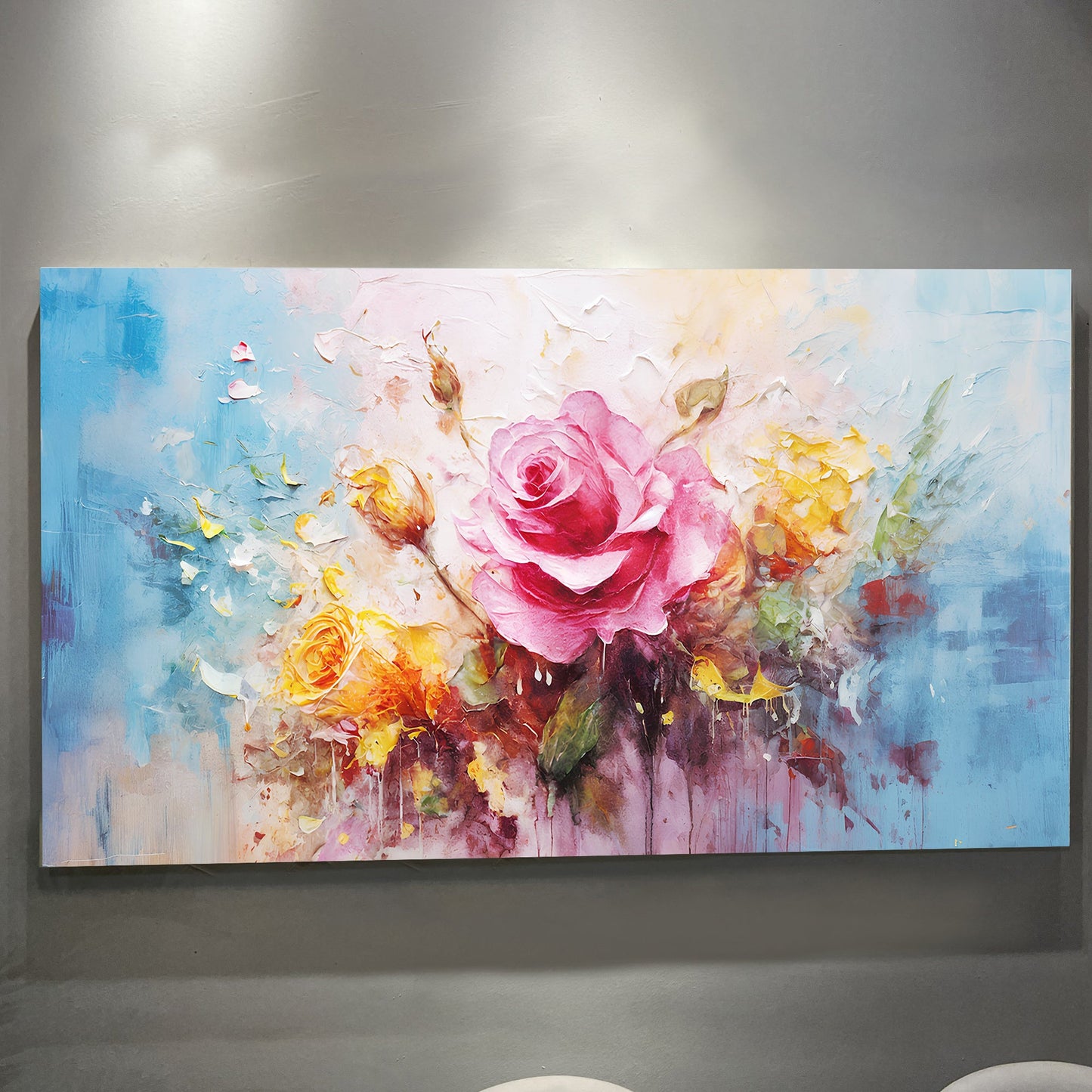 Rose Flower Wall Art canvas by Tailored Canvases, vibrant pink roses on a blue pastel background on Tampa Home & Garden Store