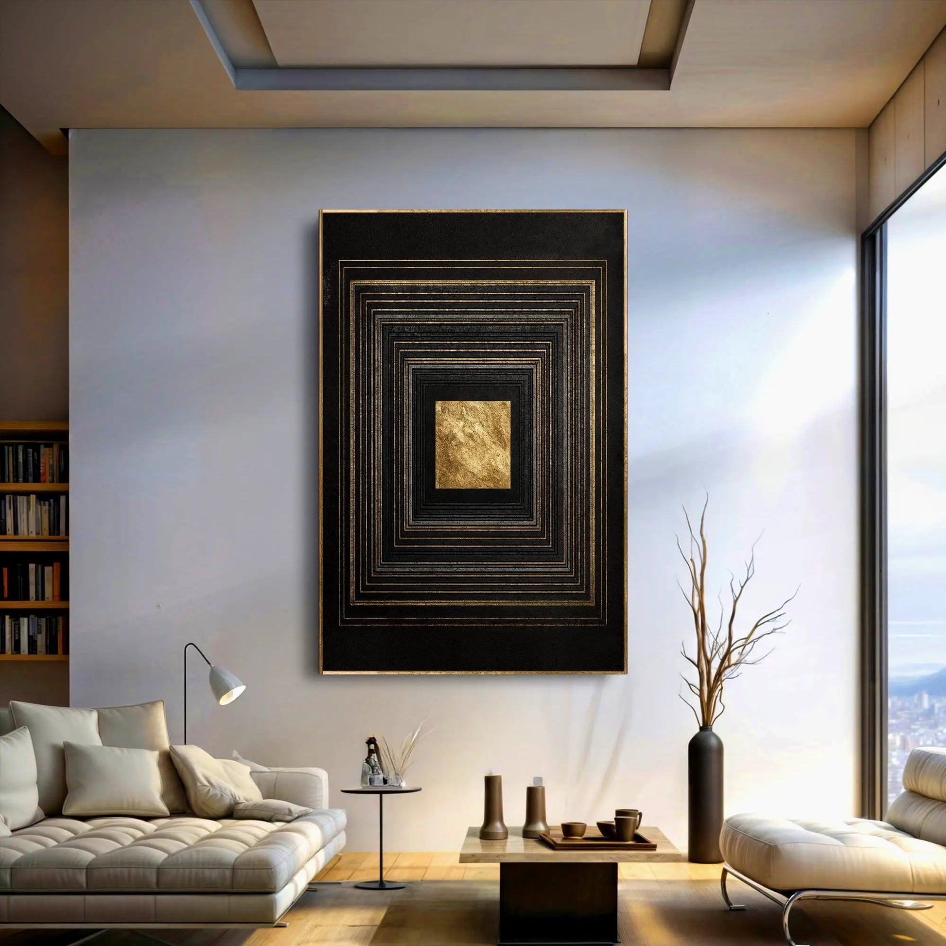 Black and gold core wall art canvas with nested square gold borders on Tampa Home & Garden Store