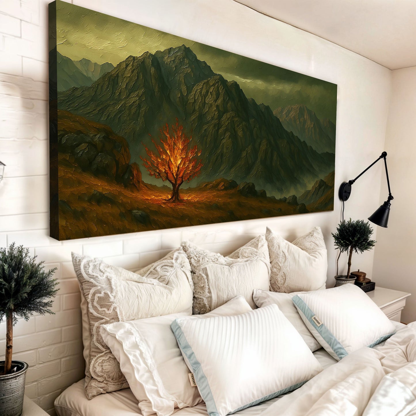 Burning Bush Faith Wall Art III canvas with jagged green mountains and a fiery orange tree on Tampa Home & Garden Store