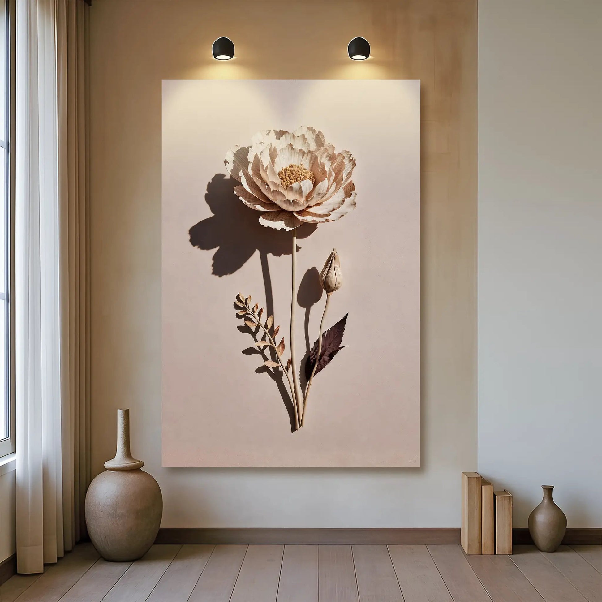 Minimalist Lone Flower Wall Art canvas by Tailored Canvases in soft beige tones on Tampa Home & Garden Store