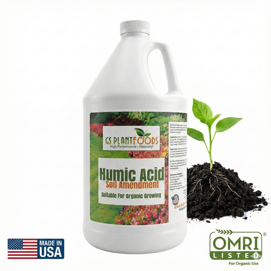 Organic Liquid Humic Acid fertilizer bottle white plastic GS Plant Foods with green label on Tampa Home & Garden Store