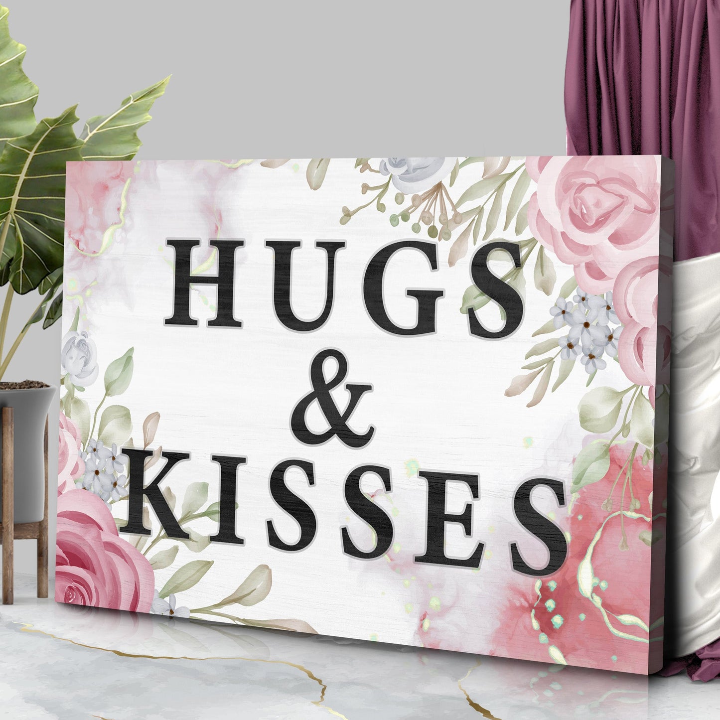 Valentine Saying Sign canvas with pink floral border and bold HUGS & KISSES typography on Tampa Home & Garden Store