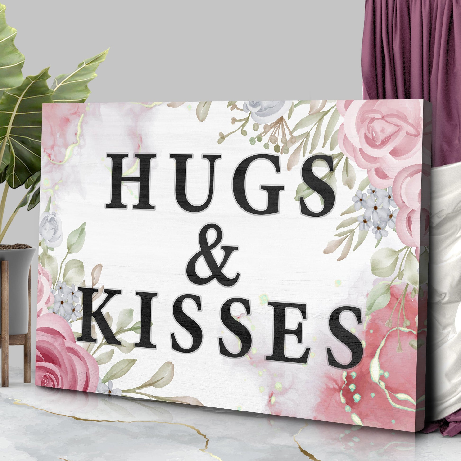 Valentine Saying Sign canvas with pink floral border and bold HUGS & KISSES typography on Tampa Home & Garden Store