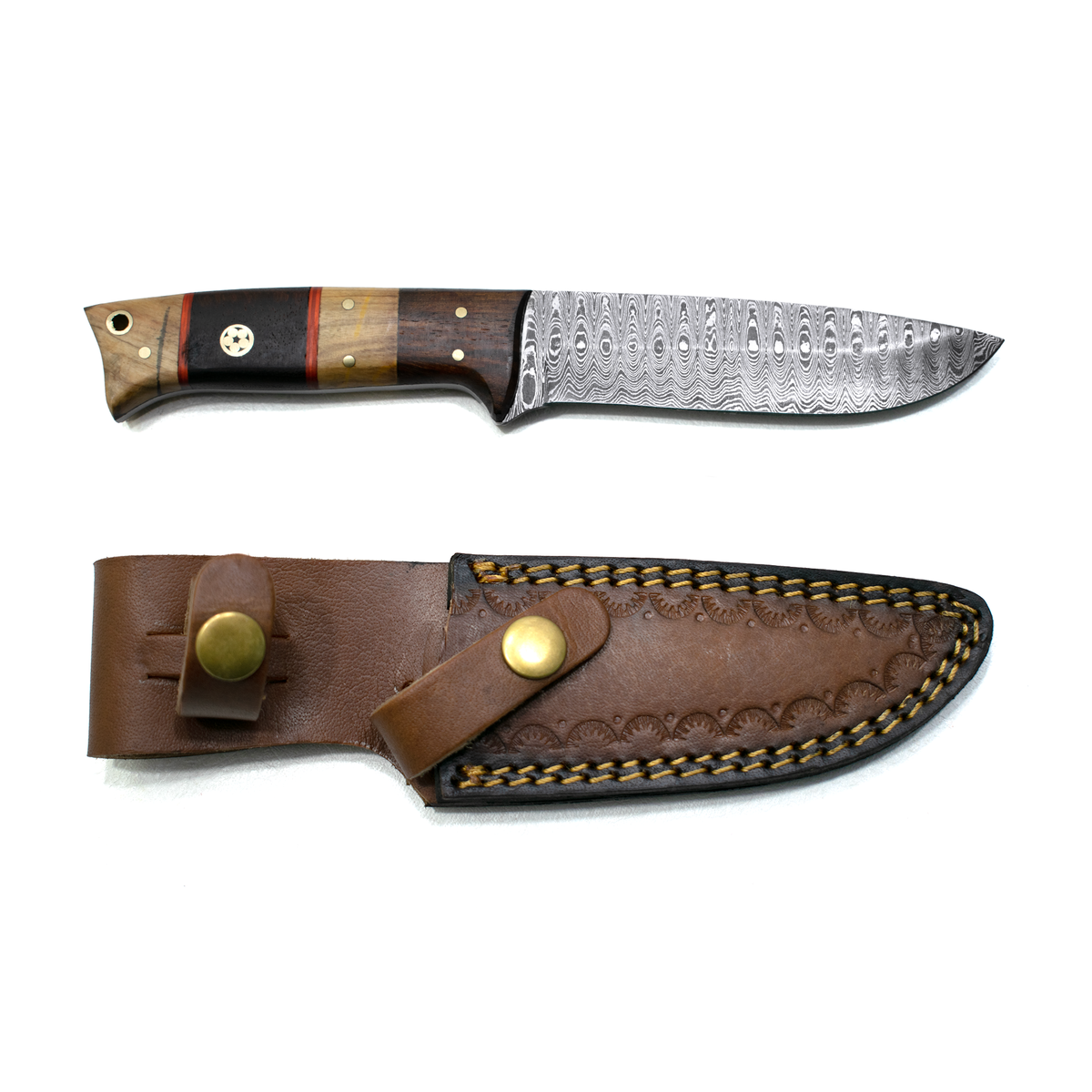Hand forged Damascus hunting knife with wood handle, brass pins, patterned blade by Titan Td-192 on Tampa Home & Garden Store
