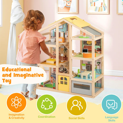 Wooden Dollhouse Playset with furniture and figures in natural wood finish DirectDeals on Tampa Home & Garden Store