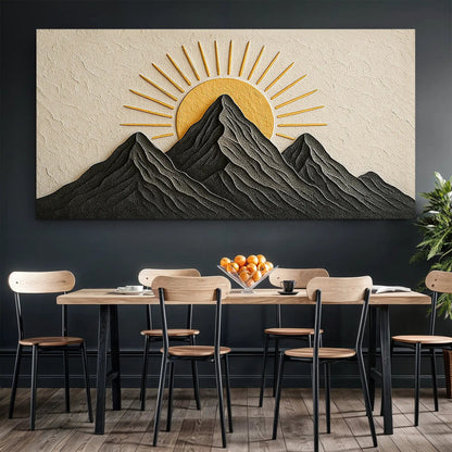 Mountain Majesty Wall Art Canvas by Tailored Canvases with black peaks and gold sun on beige on Tampa Home & Garden Store