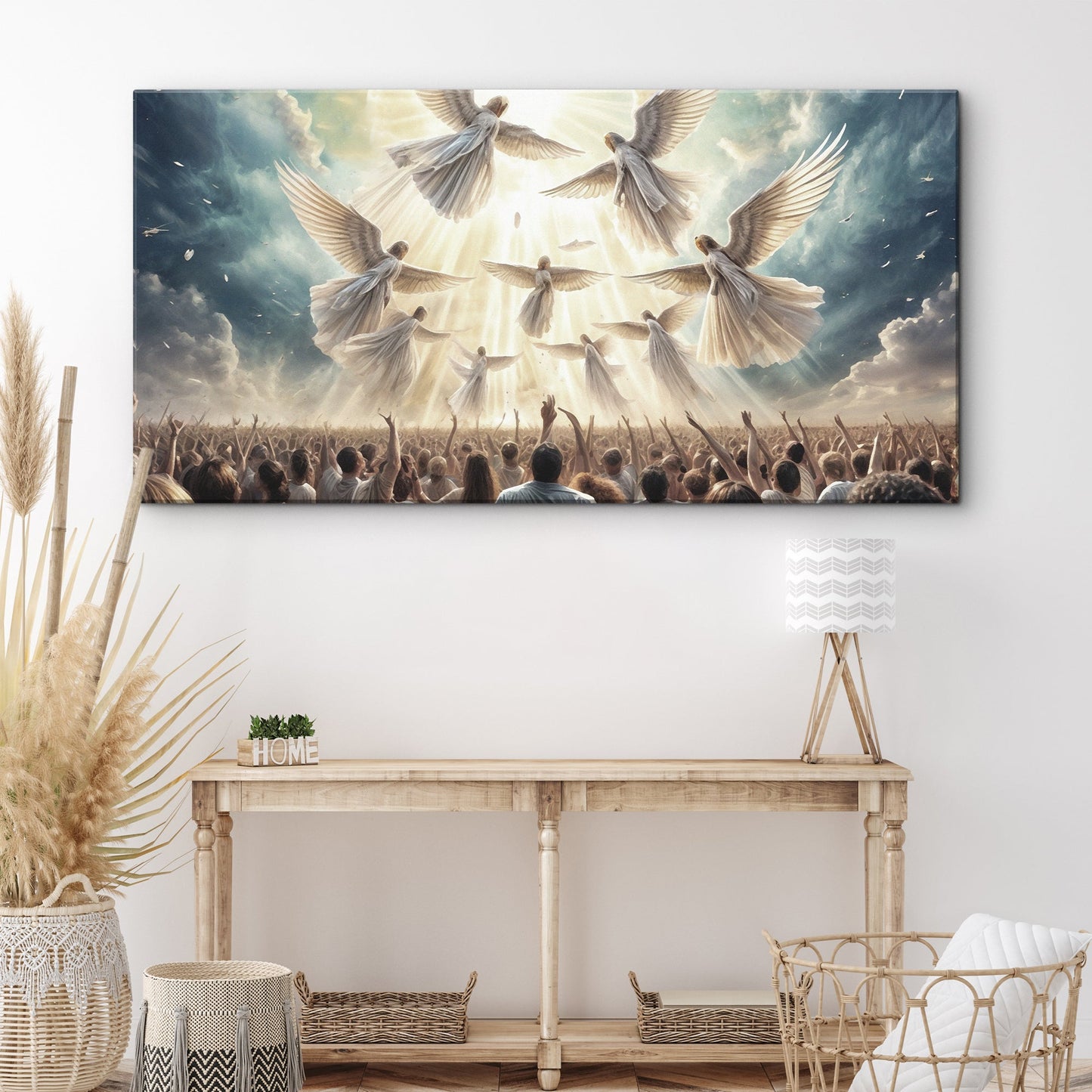 Praise - Faith Wall Art canvas with angels bathed in golden light above a cheering crowd on Tampa Home & Garden Store